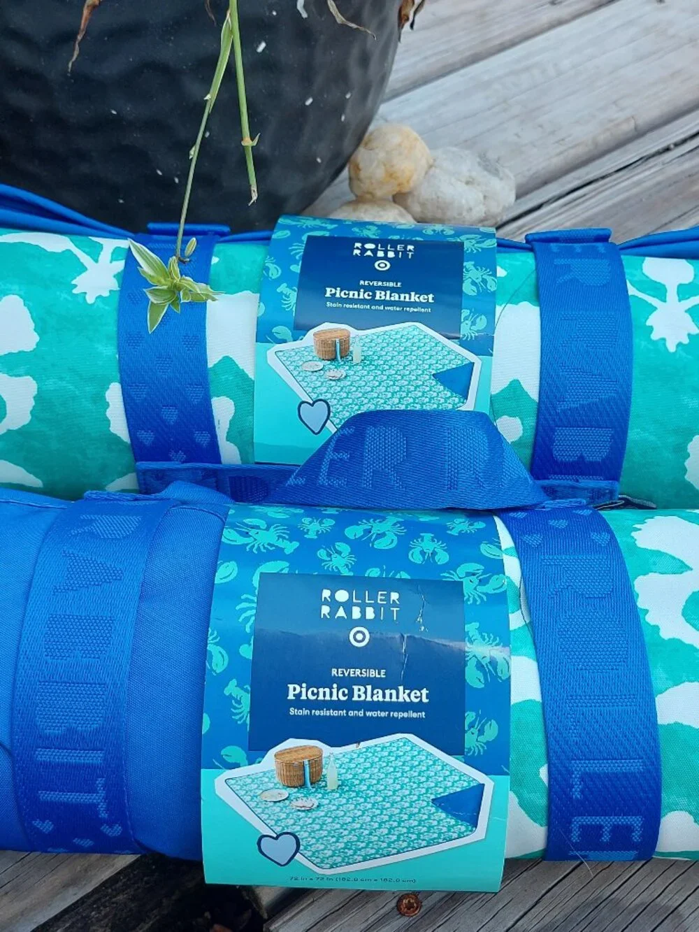 NWT RARE Target x Roller Rabbit Stamped Reversible Teal Floral Picnic Blanket